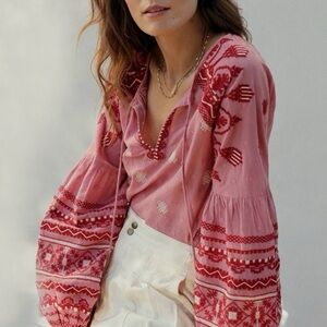 NWT! Anthropologie Seen Worn Kept (2) Layla Embroidered Blouse Pink Boho Floral